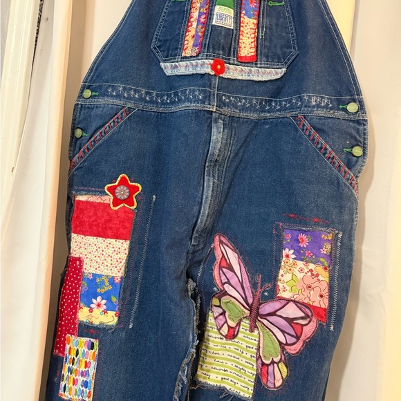 Upcycled  Denim Overalls with Colorful Patch Trim - Picture 2 of 16